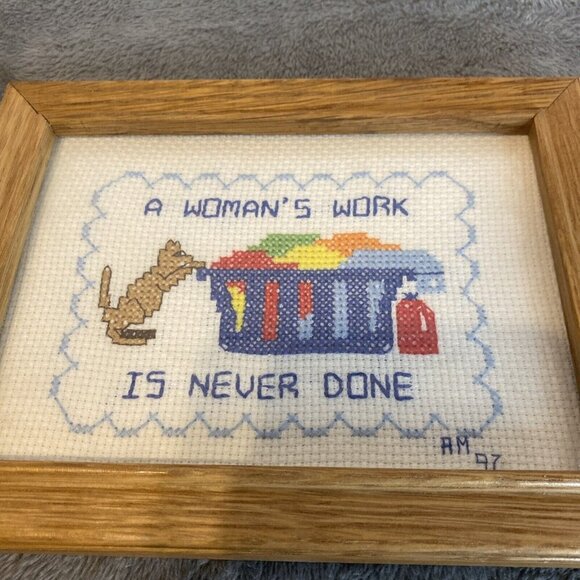 VTG Cross Stitch A Woman’s Work Is Never Done Cat Laundry Framed Picture 6 x 8” - Picture 5 of 8